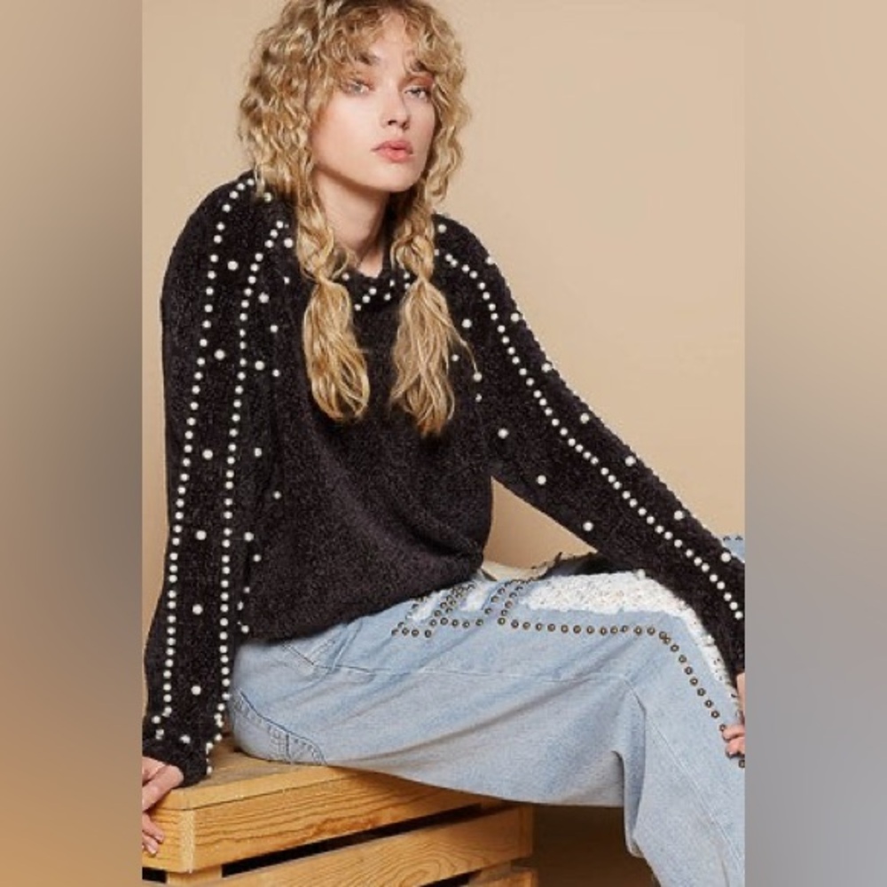 994. POL LAST 1! CHENILLE Pearl Beaded Sweater Women's Oversized Cropped Soft - Picture 2 of 2